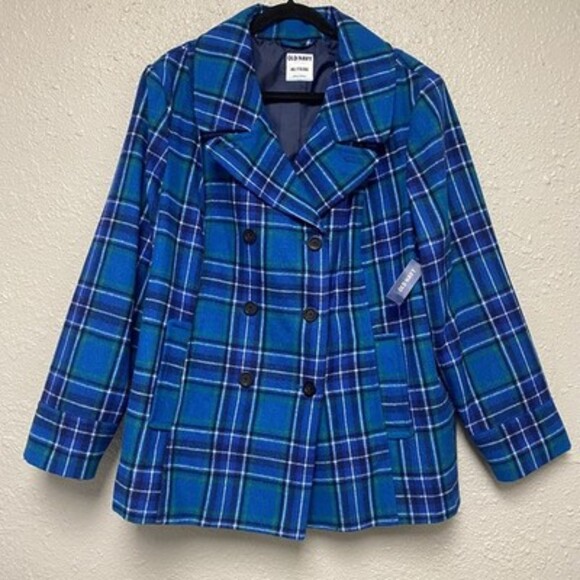 NWT Old Navy Plaid Peacoat Blue Double Breasted Jacket Preppy Twee Cozy  XXL - Picture 3 of 16